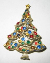 Vintage Fashion Gold Tone Rhinestone Christmas Tree Brooch Pin 2.25 inches - £9.86 GBP