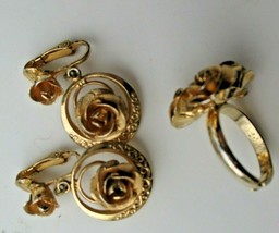 Rose Ring and Clip On Earrings SET Vintage Goldtone Adjustable - £13.24 GBP