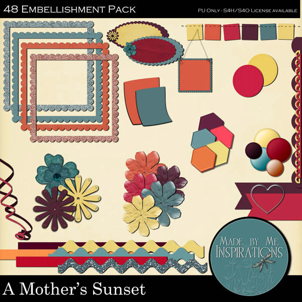 A Mother's Sunset - Embellishment Kit - 48 mixed items. - $3.00