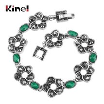 Vintage Bohemian Bracelets For Women Antique Silver Color Green Resin Crystal Fl - £6.84 GBP