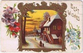 Holiday Postcard Embossed Best Wishes Winter Home Scene Flowers 1909 - £1.12 GBP