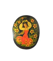 Vintage Women&#39;s Brooch Pin Russian Lady Flowers Black Enamel Fairytale Palekh  - £31.95 GBP