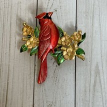 Vintage Red Bird Cardinal on Branch of Flowers Enamel Brooch Pin JJ Jonett - £12.77 GBP