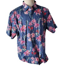 Tommy Bahama Men&#39;s Large Floral Hawaiian Camp Shirt Blue Red Hibiscus - $46.05