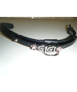 BLACK LEATHER COLLAR WITH GIGI AND PINK FLOWERS 15 INCH WITH 4 TO TIGHTEN - £13.64 GBP