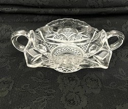 VTG Pressed Glass Heavy Clear Handled Dish Hobstar Crosshatch 7.5&quot;  - £12.80 GBP