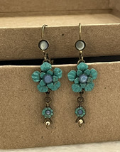 Vintage Blue Flower Rhinestone Drop Dangle Leverback Earrings - $19.76