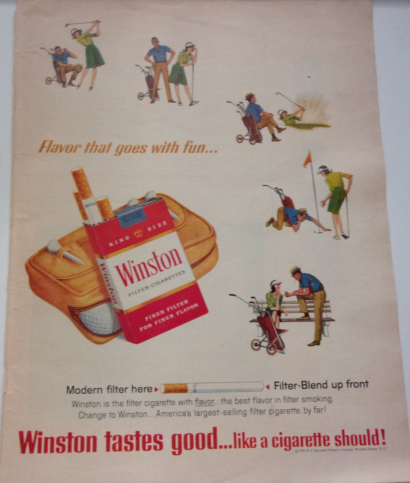 Winston Tastes As Good Like A Cigarette Should Couple Golfing Magazine Ad 1960s - $7.99