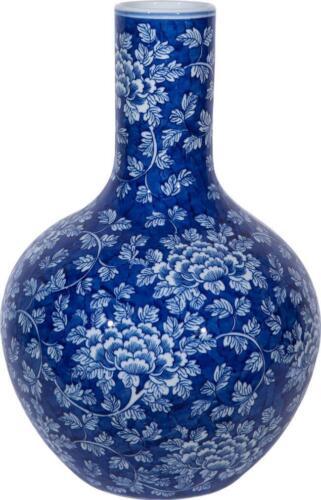 Primary image for Vase Peony Flower Globular Globe White Blue Ceramic Hand-Crafted