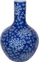 Vase Peony Flower Globular Globe White Blue Ceramic Hand-Crafted - £307.34 GBP
