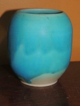 Art Pottery Vase 4&quot;+ Turquoise matte drip glaze over glossy mid century ... - $42.74