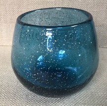 Hand Blown Art Glass Blue Votive Candle Holder With Gold Flakes - £14.01 GBP