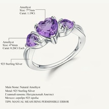 Real 925 Sterling Silver Gemstone Ring 1.71Ct Natural Amethyst Heart Rings For W - £38.19 GBP