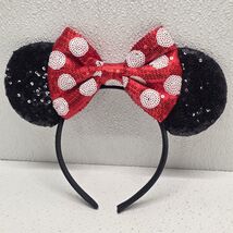 Disney Minnie Mouse Black Sequin Red White Polka Dot Bow Ears Headband - $12.77
