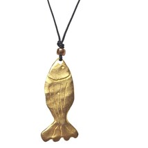 Vintage Gold Fish Pendant Necklace on Black Cord Nautical Boho Jewelry - $24.80