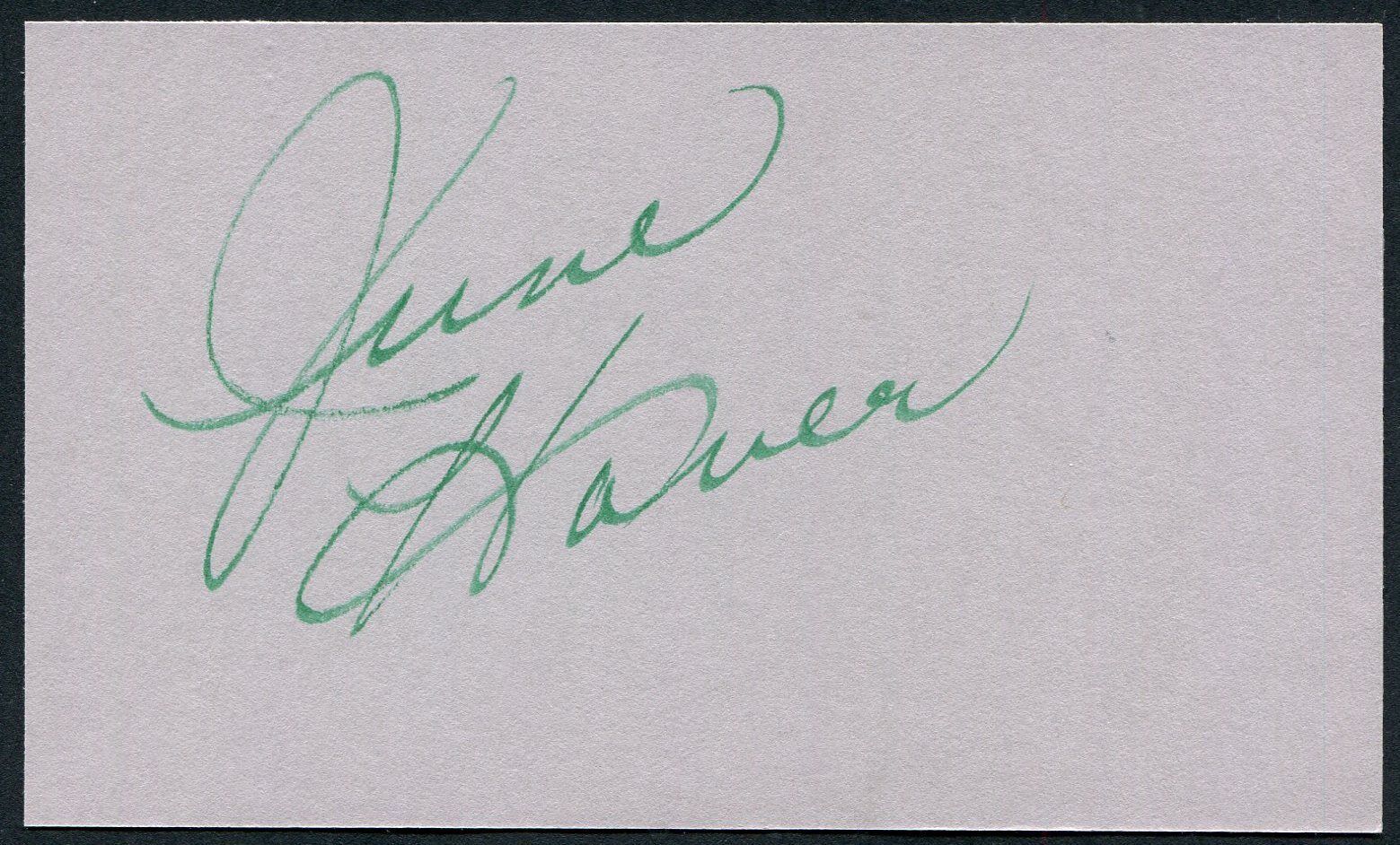 Primary image for JUNE HAVER SIGNED 3X5 INDEX CARD ACTRESS SINGER SCUDDA HOO! SCUDDA HAY LOVE NEST
