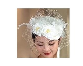 Elegant Bridal Headdress Ribbon Veil Cap Vintage Silk Satin Flower Top H... - $69.99