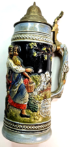 Antique West Germany Tall Ceramic Beer Stein with Metal Lid Vintage Decoration - £31.96 GBP