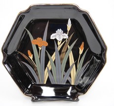 Otagiri 7&quot; Hexagonal Dish Black w Flowers Gilded Edge Made in Japan A Be... - £6.64 GBP