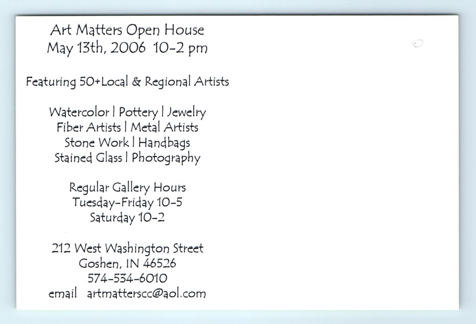 Art Matters Gallery Exhibition 2006 Goshen IN Ad Postcard Item image 2