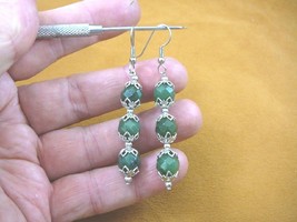 (ee405-16) 10 mm Green Jade Canada gemstone 3 bead + silver caps dangle earrings - £15.68 GBP