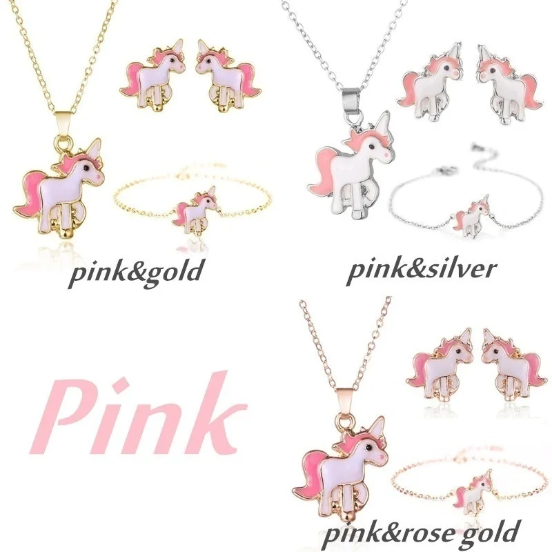 Play 4 in 1 Earring and Aklace Set Cartoon Unicorn Aklace Earrings Jewelry Pink  - £23.17 GBP