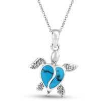 Love Life Sea Turtle Heart Blue Turquoise .925 Sterling Silver Necklace - £26.17 GBP