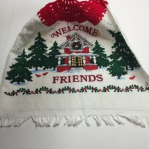 Hand Made Vintage Welcome Friends Christmas Hand Towel Knit Button Hanging - £15.41 GBP
