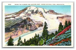 Flowers and Glacier Mount Rainier National Park Washington WA Linen Postcard N25 - £2.70 GBP