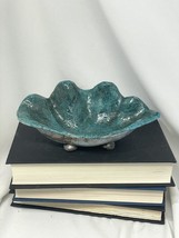 vintage studio pottery raku clam shell dish Bowl signed aqua blue - £27.94 GBP