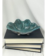 vintage studio pottery raku clam shell dish Bowl signed aqua blue - $35.53