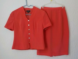 SHOMI 100% Silk Orange Skirt Suit Women 6 Button Up Short Sleeve Elastic... - £20.13 GBP