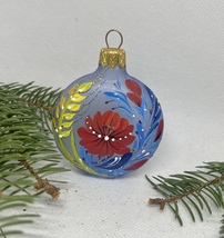 Medallion blue with yellow wheat and red flower glass XMAS handmade ornament - £8.30 GBP