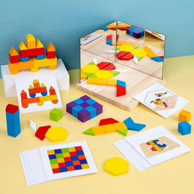 Wooden Montessori Mirror DIY Puzzle Block Graphic Cognitive Desktop Game Cartoon - £26.66 GBP+