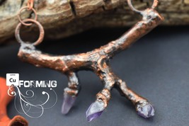 Copper electroformed real twig branch necklace Pendant with Amethyst crystal bit - £22.80 GBP