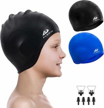 2 Pack Kids Swim Caps For Boys Girls, Durable Silicone Swimming Cap With 3D Ear - £26.20 GBP