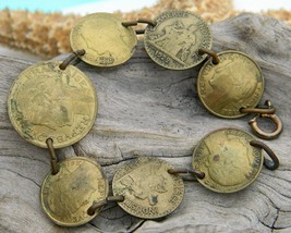 Vintage Coin Bracelet French France Bronze Centimes Bon Pour 1940s - £31.35 GBP
