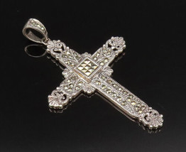 925 Sterling Silver - Vintage Marcasite Religious Cross Deco Pendant - P... - $69.78