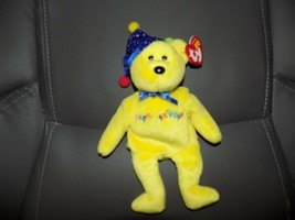 Ty Beanie Baby Happy birthday Yellow Bear W/Jester Hat 2004 P.E. Pellets... - $36.50