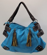 BG) Woman Faux Pebble Blue Leather Slouchy Satchel Tassel Studded Hand Bag - $19.79