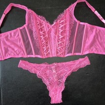 Victoria&#39;s Secret Lungo L Top Corsetto Reggiseno Set Tanga Neon Rosa Confetto - £58.16 GBP