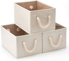 Ezoware Set Of 3 Bamboo Large Fabric Storage Bins Baskets With Cotton, Beige - £27.17 GBP