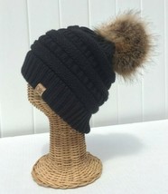 Women&#39;S Winter Warm Black Knit With Faux Fur Pom Soft Stretchy Beanie Ha... - £14.37 GBP