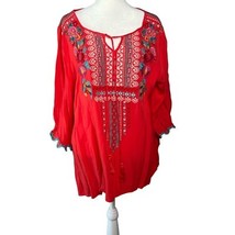 April Sky Embroidered Peasant Tunic Top Floral Details 3/4 Sleeve Red Si... - $11.99