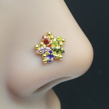 Star Gold Plated Indian Floral Multi-color CZ Twisted piercing nose ring 22g - £13.81 GBP