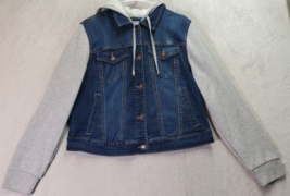 WAX JEAN Jacket Women 2XL Blue Denim Cotton Long Raglan Sleeve Hood Button Front - £26.84 GBP