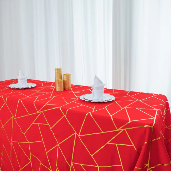 Red - Rectangle Polyester Tablecloth Gold Foil Geometric 90&quot;x156&quot;  - £43.06 GBP