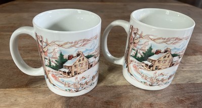 2 - Houston Foods 1988 Vintage Christmas Rustic Scene Snow Cardinal Coff... - $14.05