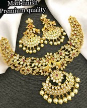 Indian Bollywood Style Bridal CZ AD Temple Jewelry Chain Necklace Pearl Kasu Set - £72.87 GBP