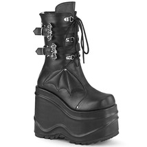 DEMONIA WAVE-150 Women&#39;s Black Vegan 6&quot; Wedge Platform Bat Buckles Calf Boots - £90.27 GBP+
